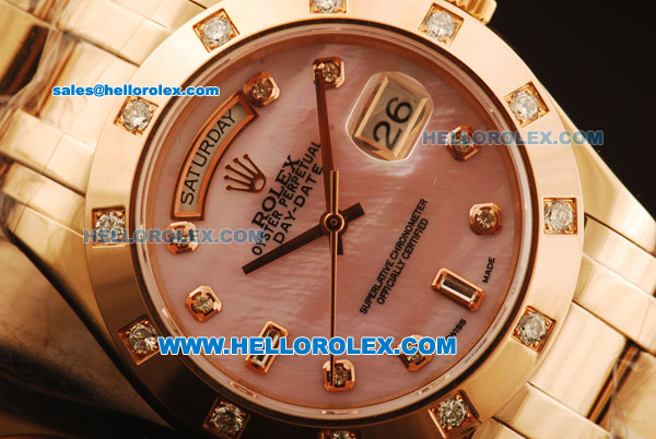 Rolex Day-Date Swiss ETA 2836 Automatic Rose Gold Case with Diamond Bezel and Pink MOP Dial Diamond Markers -Rose Gold Strap - Click Image to Close